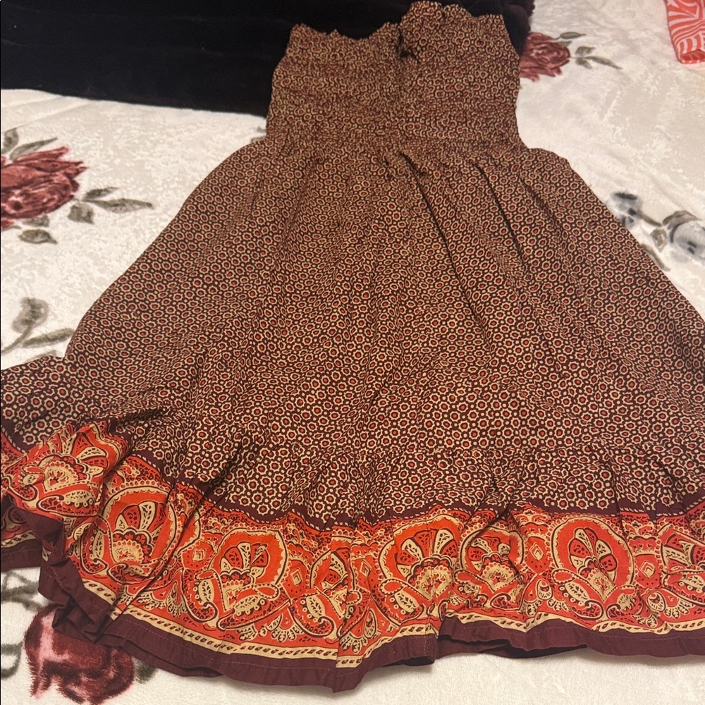 Brown and Red Patterned Women's dress with stretchy tube top